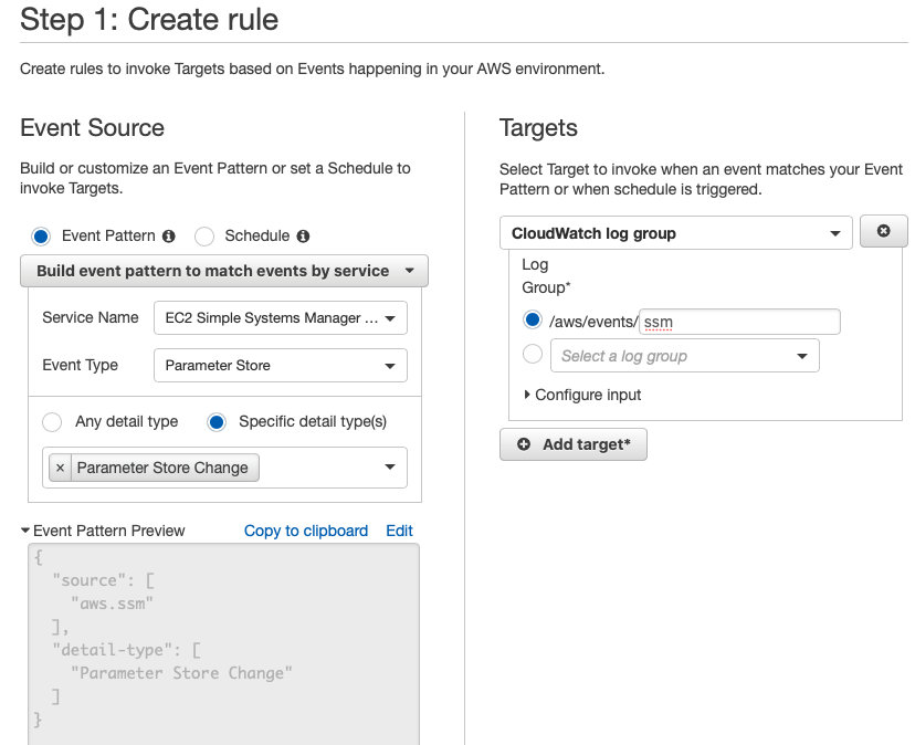 Creating a CloudWatch Event rule for Parameter Store